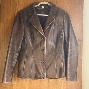 Wilsons Leather Brown Tailored Seam Distressed Pebbled Leather Blazer Jacket